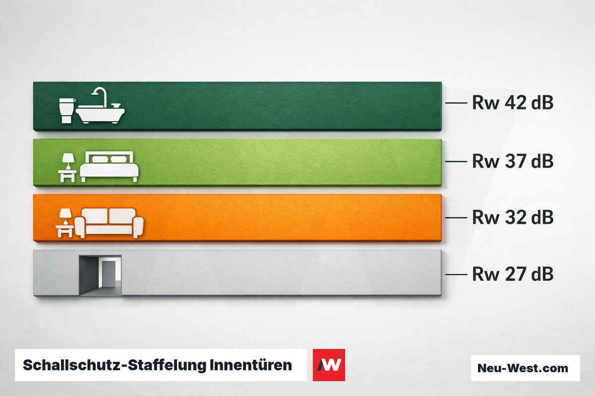 Schallschutz-Staffelung Innentüren: Rw-Klassen nach DIN 4109-1 – Erklär-Grafik (NEUWEST Berlin)