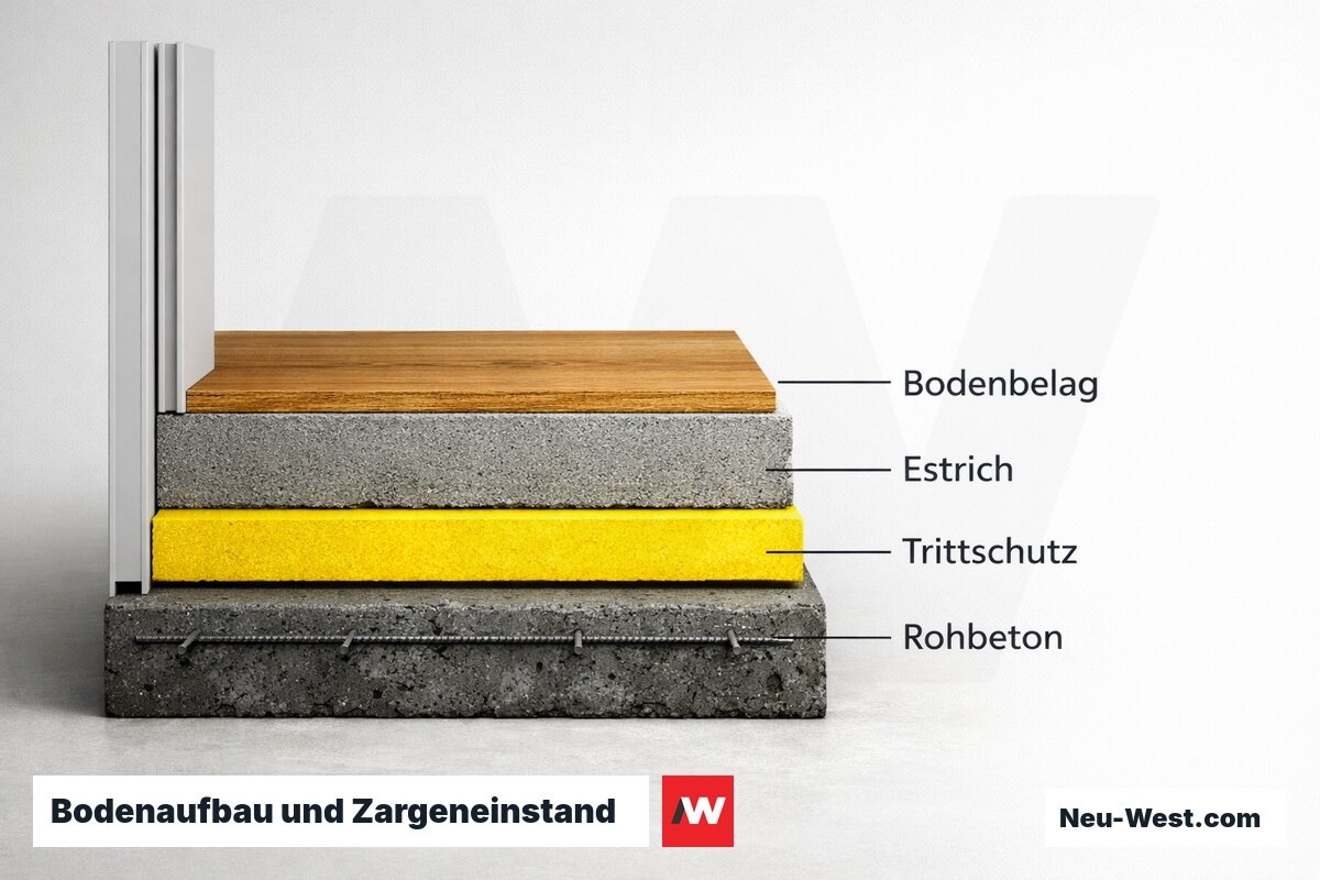 Bodenaufbau und Zargeneinstand: Schichtfolge und Unterlüftungsspalt – Erklär-Grafik (NEUWEST Berlin)