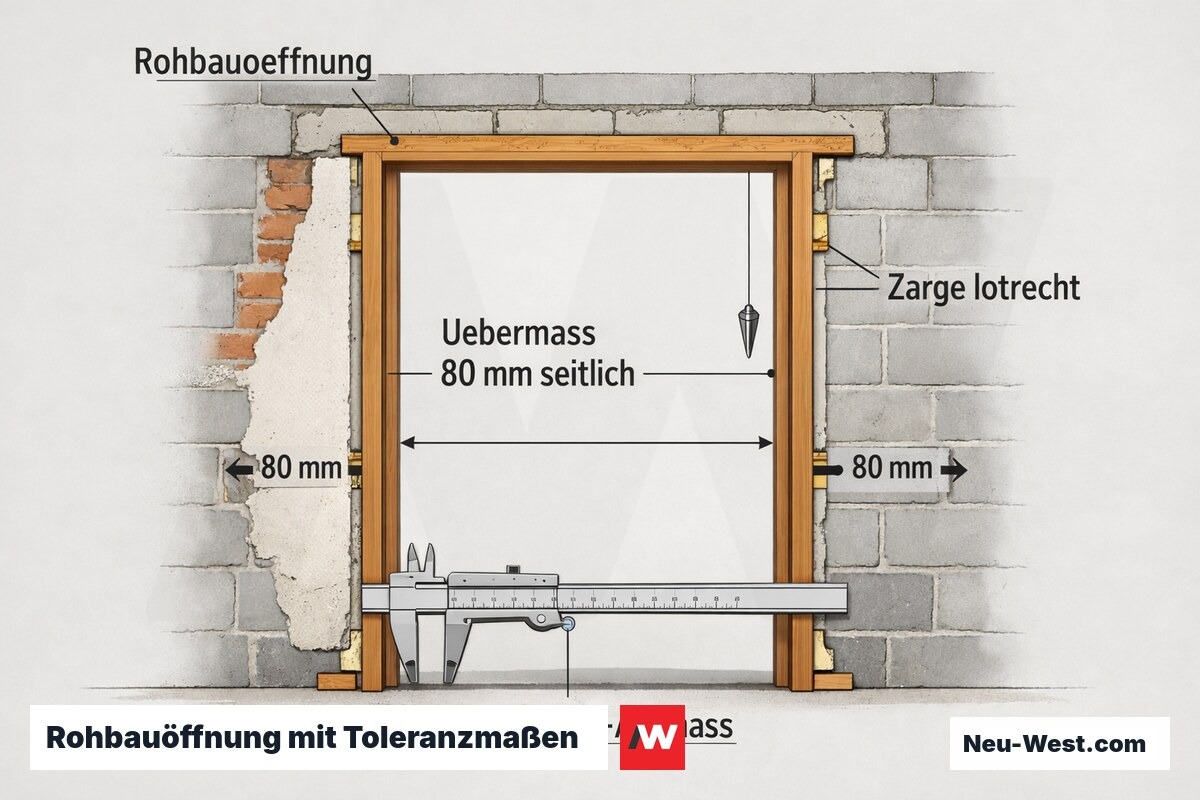 Querschnitt einer Rohbauöffnung im Mauerwerk mit eingesetzter Zarge, seitlichem Übermaß, Ausrichtkeilen und Schieblehre-Aufmaß.