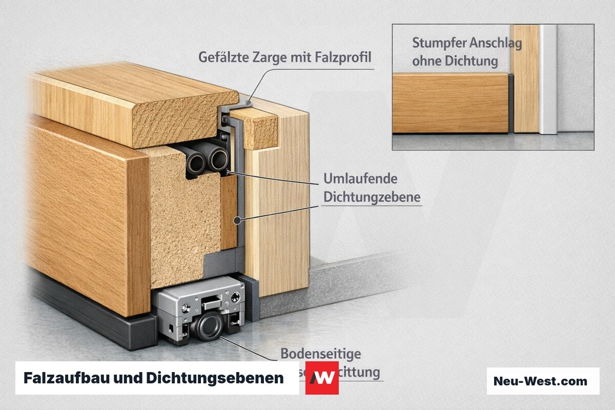 Querschnitt einer Schallschutztür: gefälzte Zarge mit zwei umlaufenden Dichtungen und Absenkdichtung gegenüber stumpfem Anschlag ohne Dichtungsebene.