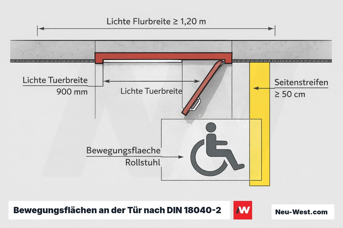 Grundriss-Schnitt einer Tür im Flur: lichte Türbreite, Seitenstreifen ≥50 cm auf Schlossseite und Bewegungsfläche für Rollstuhlfahrer nach DIN 18040-2.