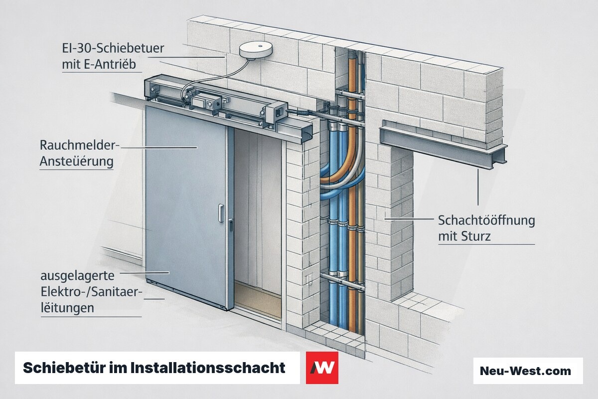 Querschnitt eines Installationsschachts mit EI-30-Schiebetür, elektrischem Antrieb, Rauchmelder, ausgelagerten Leitungen und geprüfter Schachtöffnung in tragender Wand.