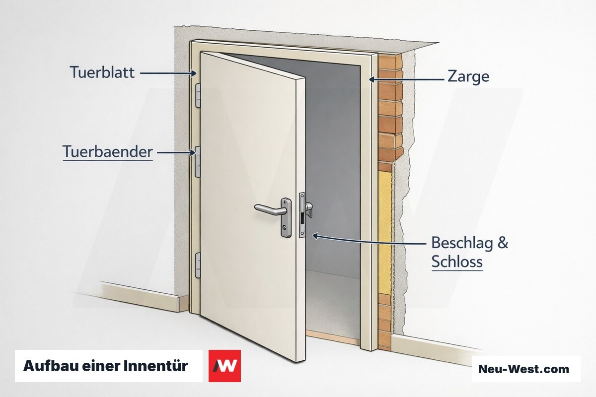 Erklär-Illustration einer Innentür im Querschnitt mit Türblatt, Zarge, Türbändern und Beschlag mit Schloss.
