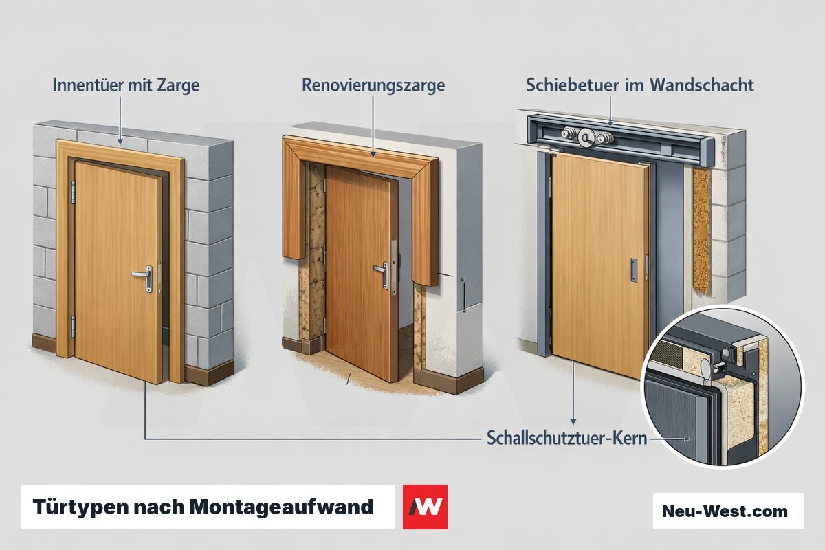 Erklaer-Illustration im Querschnitt: einfache Innentuer mit Zarge, Renovierungszarge, Schiebetuer im Wandschacht und Schallschutztuer im Vergleich.