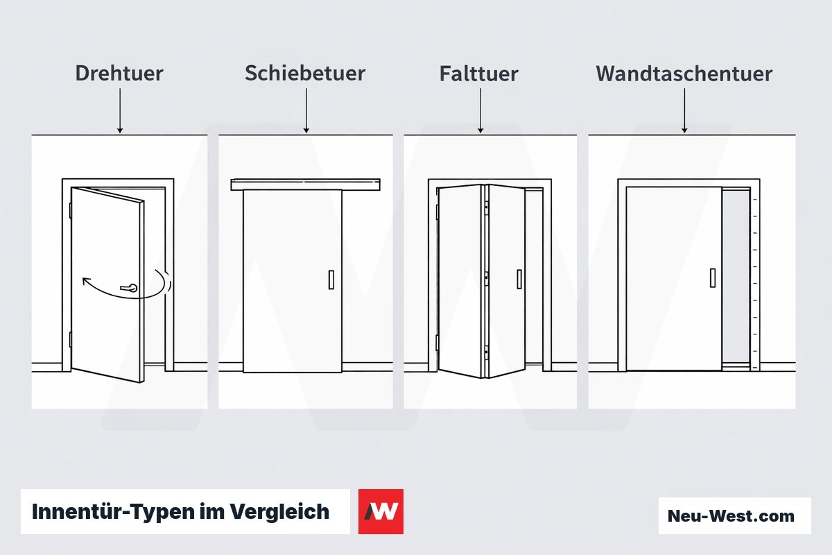 Erklär-Illustration mit vier Innentür-Typen im Vergleich: Drehtür, Schiebetür, Falttür und Wandtaschentür als schematische Grundriss- und Ansichtsdarstellung.