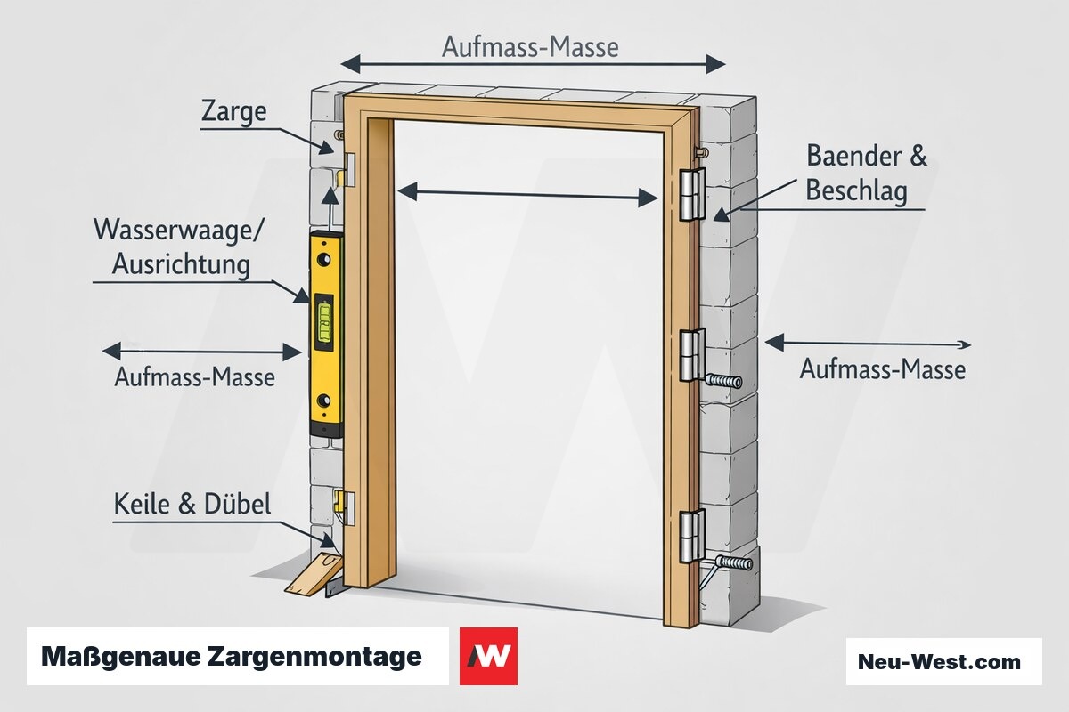 Erklaer-Illustration: Zargenmontage im Detail mit Bändern, Wasserwaage zur Ausrichtung, Ausgleichskeilen und Aufmaß-Maßen der Wandöffnung.