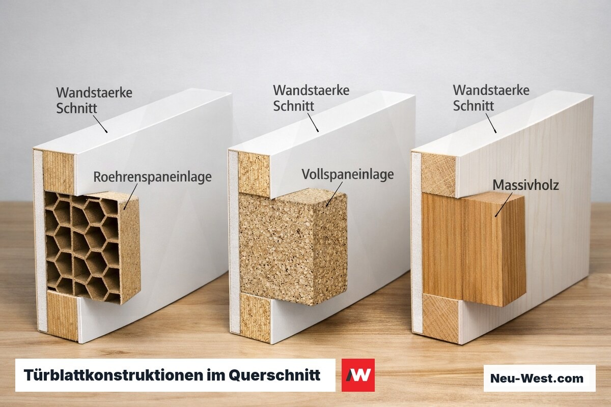 Querschnitt von drei Türblättern: Röhrenspan mit Wabenkern, Vollspan mit Spanplatten und Massivholztür im Vergleich.