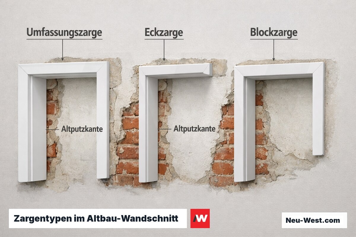 Wandschnitt zeigt drei Zargentypen: Umfassungszarge verdeckt Putzränder, Eckzarge einseitig, Blockzarge wandbündig eingesetzt.