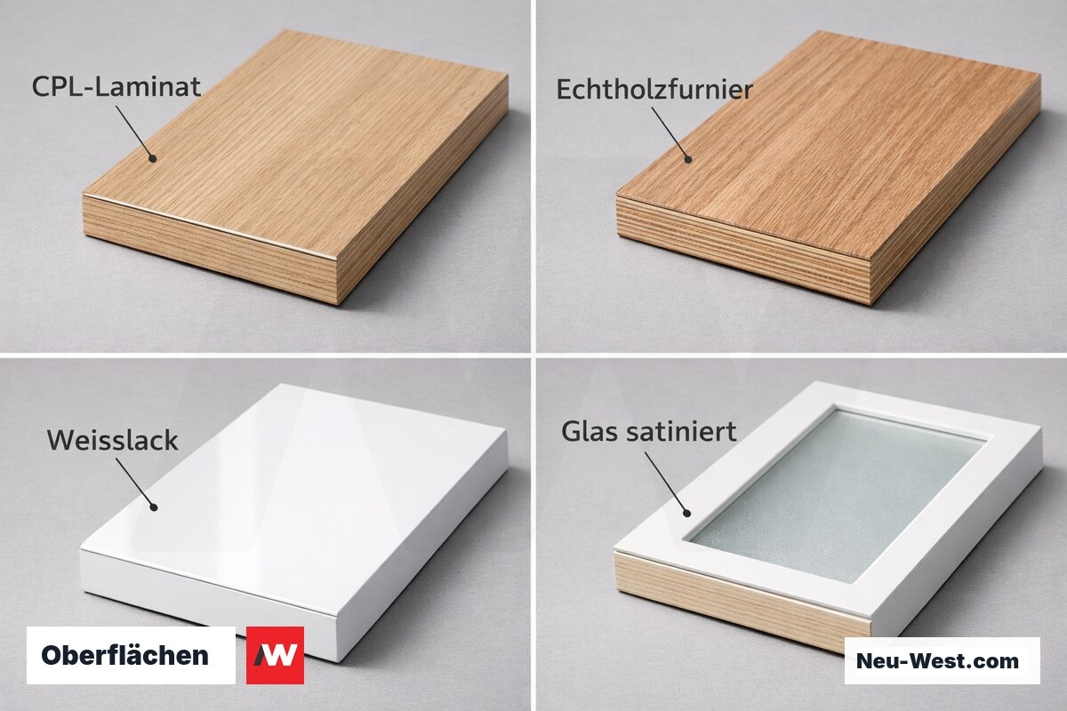 Vier Türoberflächen nebeneinander: CPL-Laminat, Echtholzfurnier, Weißlack und satiniertes Glas mit sichtbarer Kantenschicht.