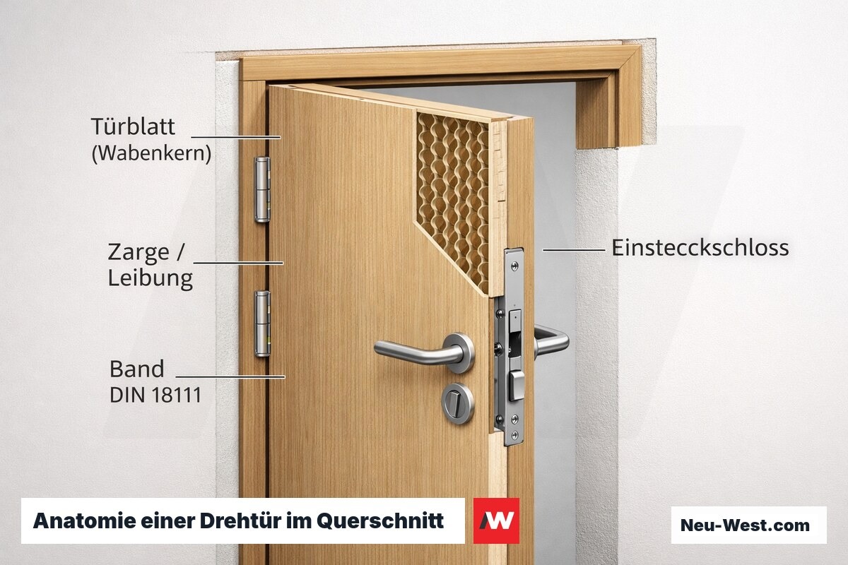 Querschnitt einer Innentür mit Türblatt, Zarge, Scharnieren und Einsteckschloss – alle Bauteile sichtbar beschriftet