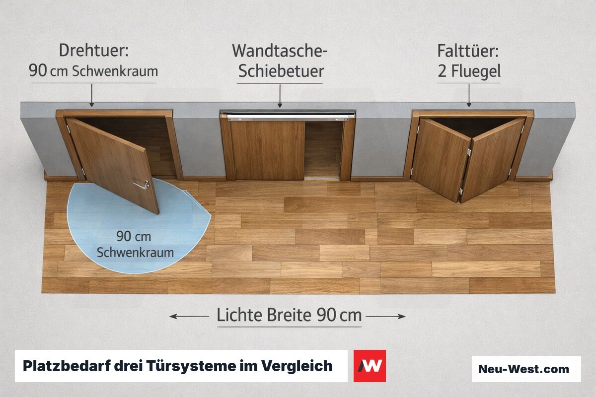 Draufsicht-Vergleich von Drehtür, Schiebetür und Falttür im selben Wanddurchgang mit Schwenkraum-Darstellung