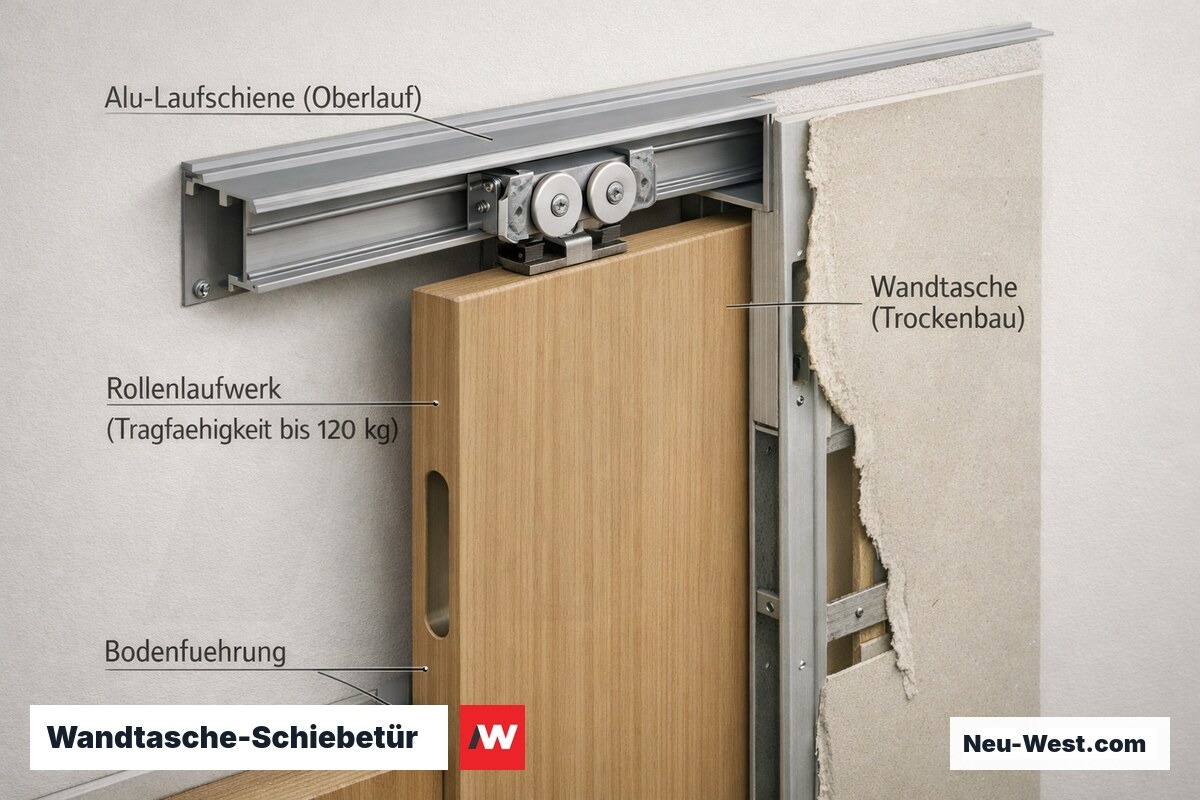 Querschnitt einer Wandtaschen-Schiebetür mit Laufschiene, Rollenlaufwerk und Trockenbauwandtasche als technische Detailansicht