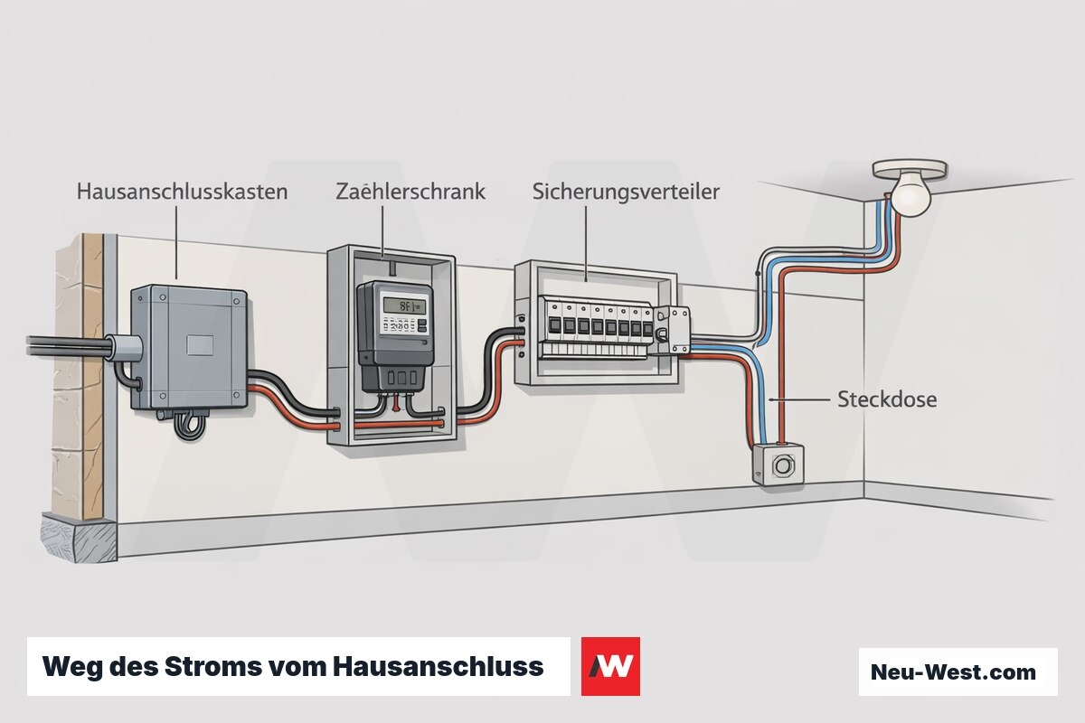 Querschnitt eines Gebaeudes: Strom vom Hausanschlusskasten ueber Zaehler- und Sicherungsschrank bis zur Steckdose.