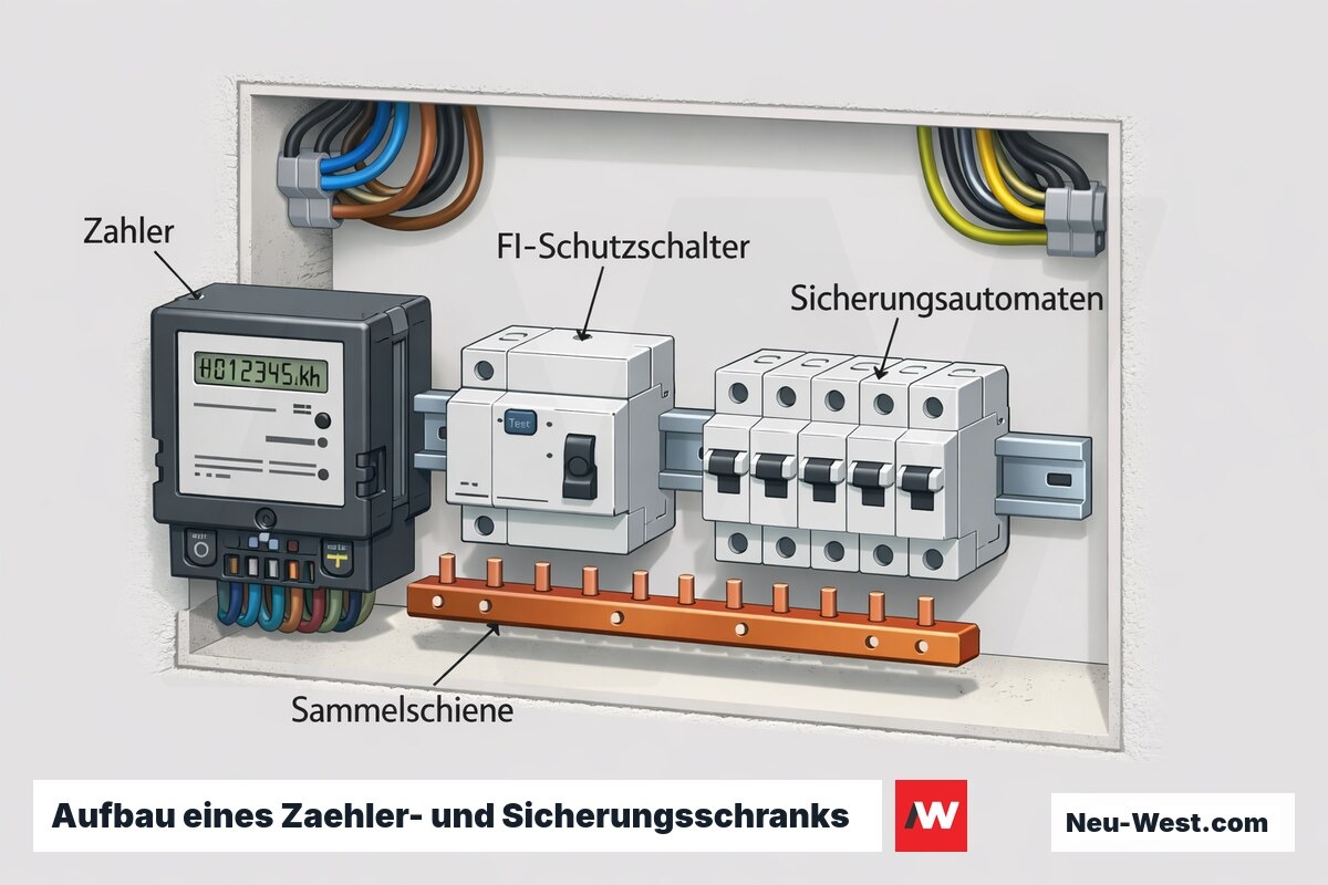 Querschnitt eines Sicherungsschranks mit Stromzaehler, FI-Schutzschalter, Sicherungsautomaten und Sammelschiene.