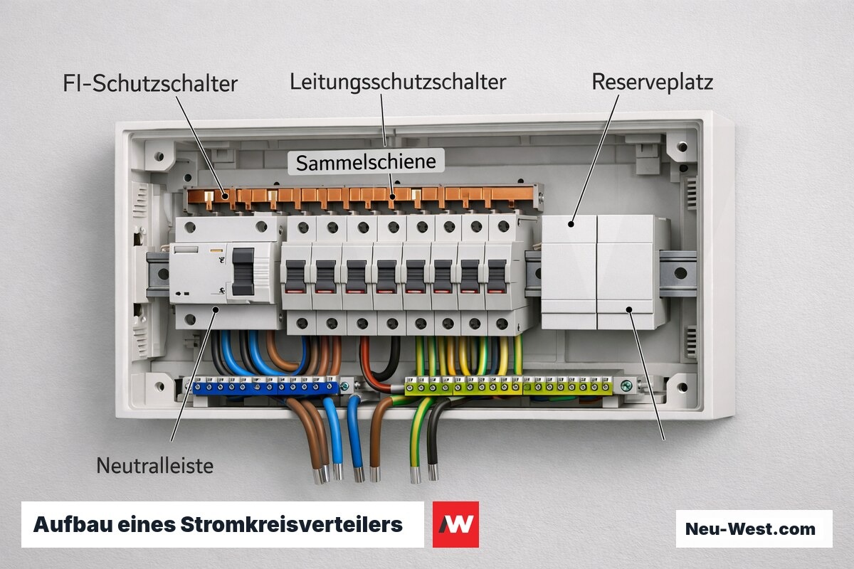 Aufgeschnittener Stromkreisverteiler mit FI-Schutzschalter, Leitungsschutzschaltern, Sammelschiene und freien Reserveplaetzen fuer neue Stromkreise.