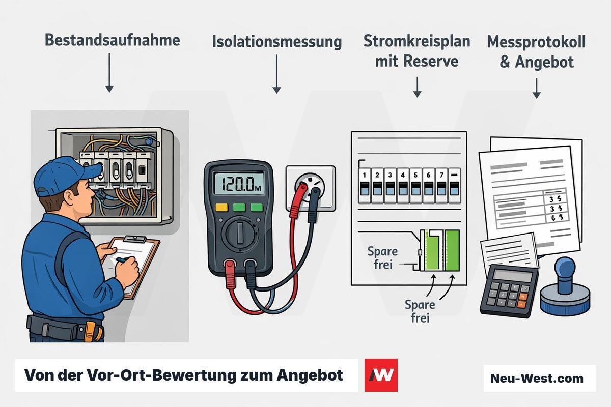Vierstufige Ablauf-Illustration: Bestandsaufnahme, Isolationsmessung am Verteiler, Stromkreisplanung mit Reserve und Messprotokoll mit transparentem Angebot.