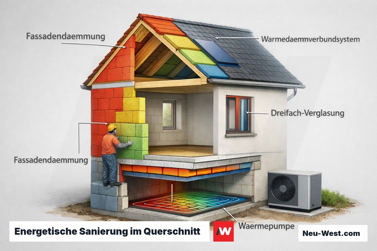 Querschnitt eines Wohnhauses mit farblich markierten Sanierungsschichten: Fassade, Dach, Fenster und Heizung