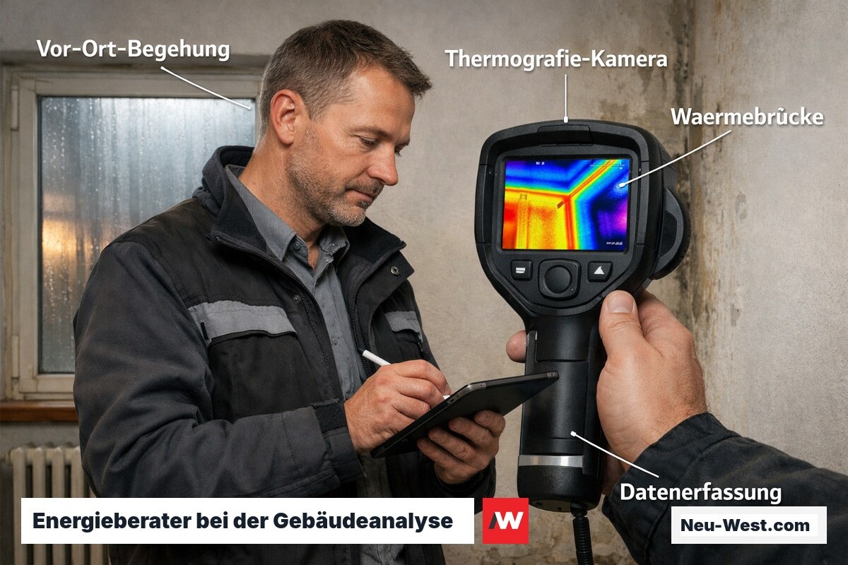 Energieberater fotografiert mit Thermografiekamera Wärmebrücken an Fenster und Außenwand eines Altbaus