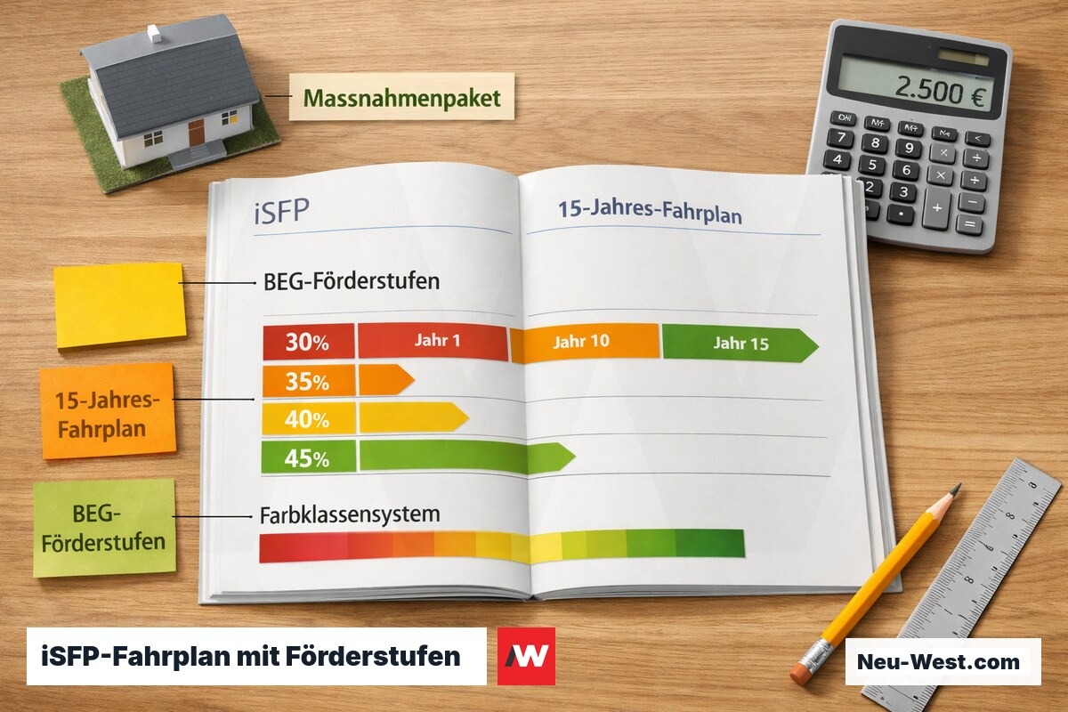 Aufgeschlagenes iSFP-Dokument mit farbcodiertem Sanierungsfahrplan, Taschenrechner und Hausmodell auf Schreibtisch