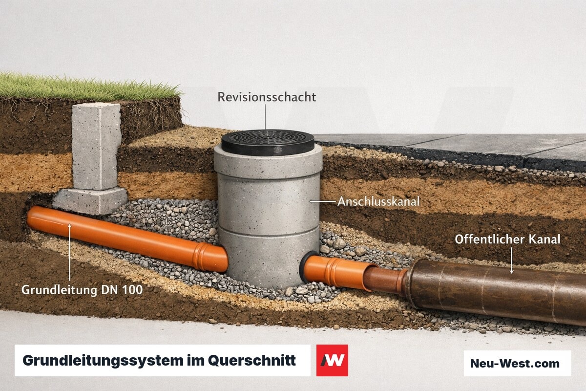 Querschnitt eines unterirdischen Entwässerungssystems vom Haus bis zum öffentlichen Kanal mit Revisionsschacht und Rohrbettung
