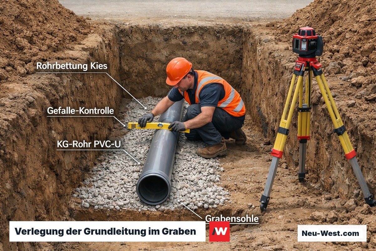 Bauarbeiter verlegen KG-Rohr auf Kiesbettung im offenen Graben und kontrollieren das Gefälle mit Wasserwaage