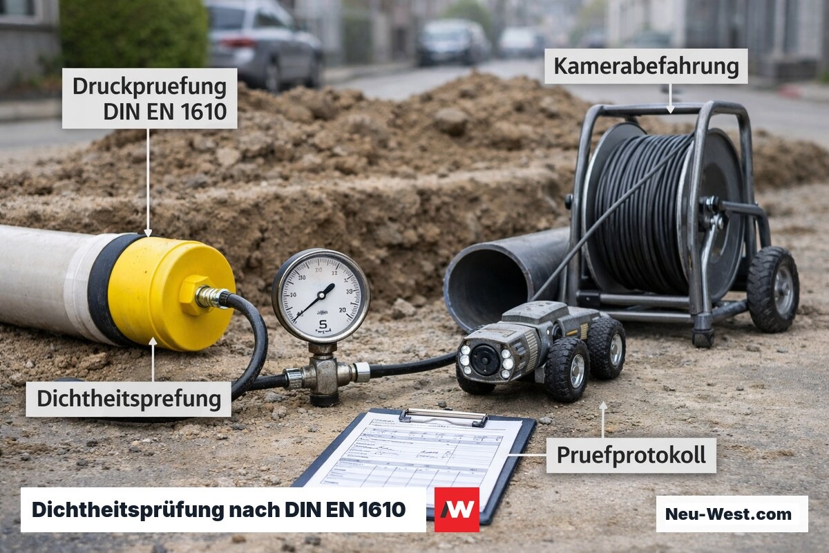Druckprüfung und Kamerabefahrung einer Grundleitung nach DIN EN 1610 auf einer innerstädtischen Baustelle