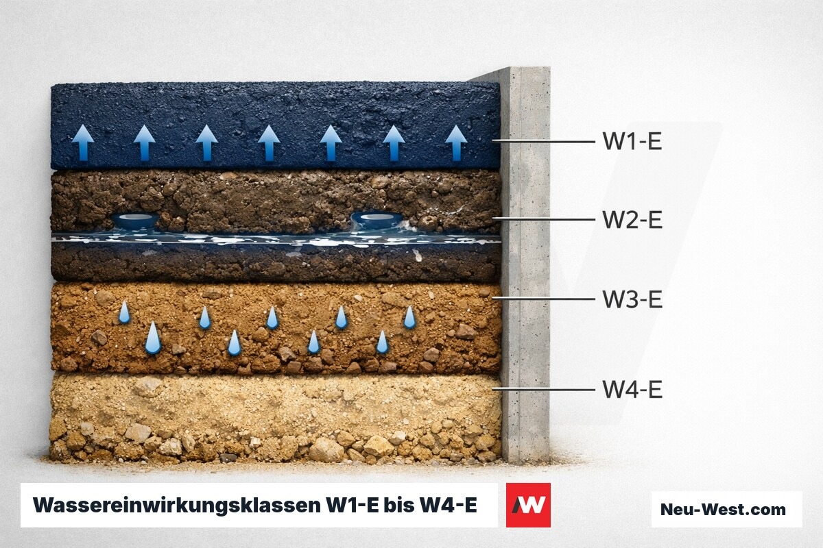 Wassereinwirkungsklassen W1-E bis W4-E nach DIN 18533 – Erklär-Grafik (NEUWEST Berlin)