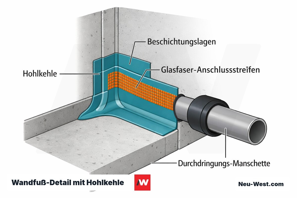 Querschnitt Wandfuß-Übergang mit Hohlkehle, gestaffelten Abdichtungslagen, Glasfaser-Anschlussstreifen und abgedichteter Rohrdurchdringung im Keller.