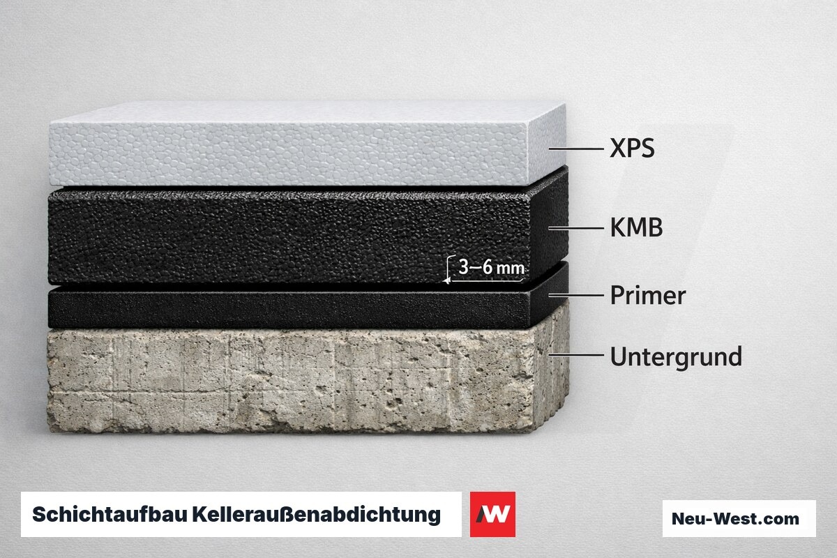 Schichtaufbau Kelleraußenabdichtung — KMB-System mit Maßbeschriftung – Erklär-Grafik (NEUWEST Berlin)
