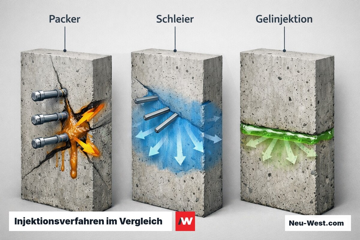 Injektionsverfahren im Vergleich: Packer, Schleier, Gelinjektion – Erklär-Grafik (NEUWEST Berlin)
