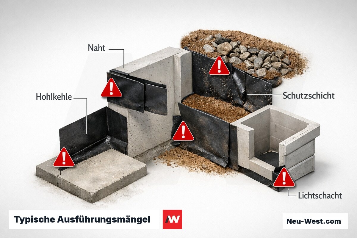 Typische Ausführungsmängel bei der Kellerabdichtung – Erklär-Grafik (NEUWEST Berlin)