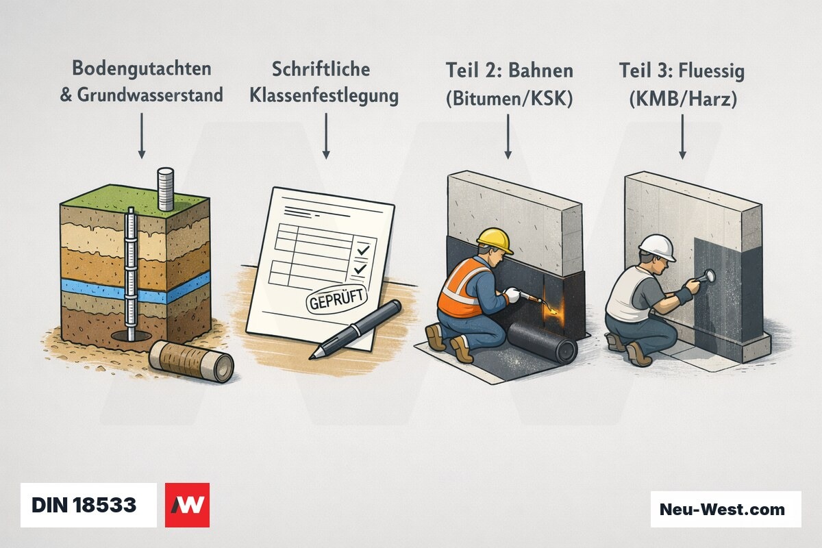 Prozessgrafik der DIN 18533: Bodengutachten mit Grundwasserstand, schriftliche Klassenfestlegung sowie Teil 2 Bahnenabdichtung und Teil 3 flüssige Systeme.