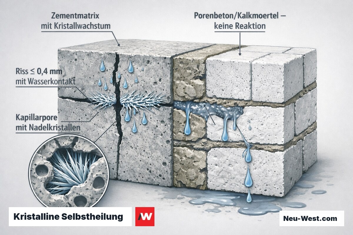 Querschnitt: Kristallwachstum dichtet feinen Riss in Zementmatrix ab, während Porenbeton und Kalkmörtel keine Reaktion zeigen.