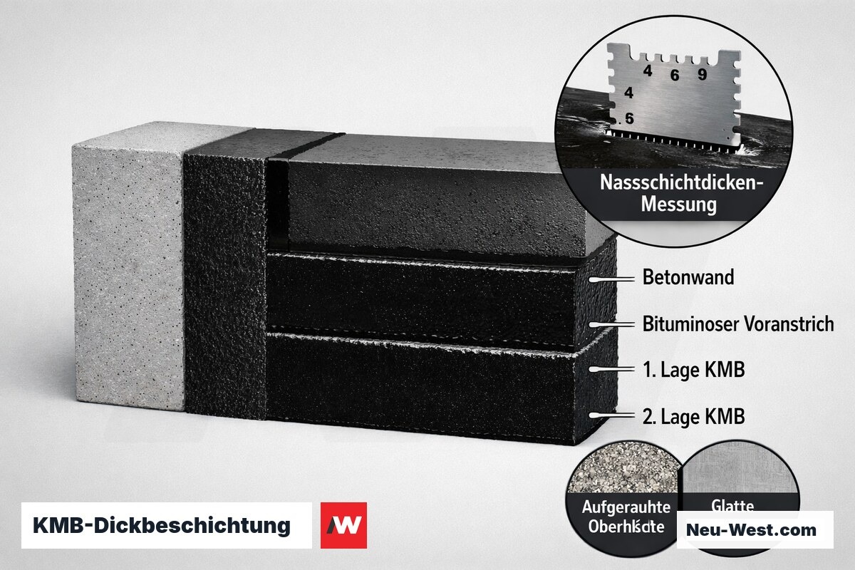 Querschnitt einer zweilagigen KMB-Dickbeschichtung auf Betonwand mit Voranstrich und Nassschichtdickenmessung nach BFS-Merkblatt 40.