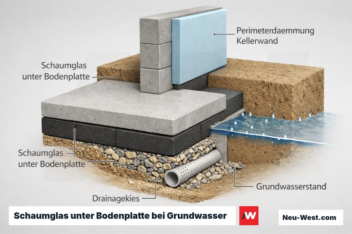 Querschnitt einer Gebäudegründung mit kapillarinaktiver Schaumglasdämmung unter WU-Beton-Bodenplatte bei hohem Grundwasserstand, seitliche Perimeterdämmung.