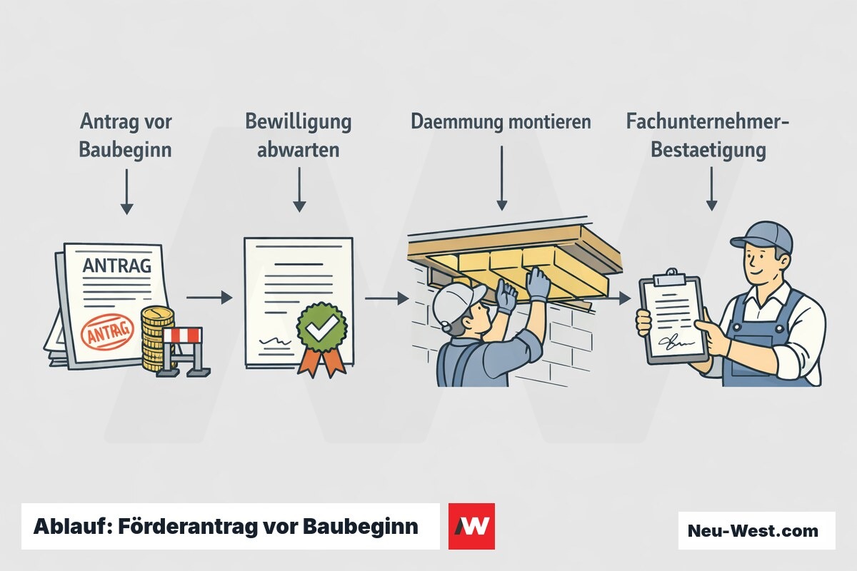 Prozessgrafik in vier Schritten: Förderantrag stellen, Bewilligung abwarten, Kellerdecke dämmen, Fachunternehmer-Bestätigung – Reihenfolge der BEG-Förderung.