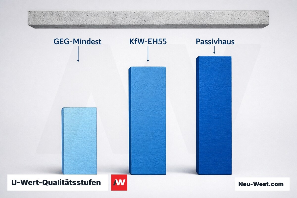 U-Wert-Qualitätsstufen: GEG bis Passivhaus – Erklär-Grafik (NEUWEST Berlin)