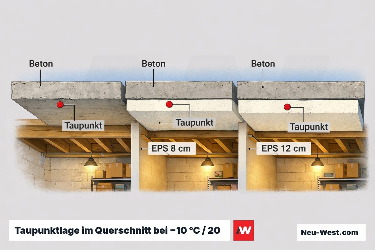 Taupunktlage im Querschnitt bei −10 °C / 20 °C / φ 50 % – Erklär-Grafik (NEUWEST Berlin)