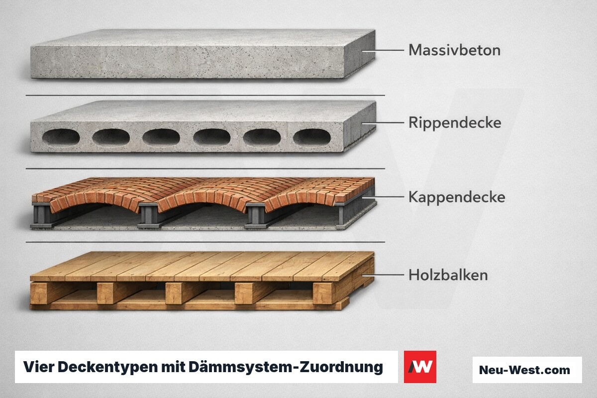 Vier Deckentypen mit Dämmsystem-Zuordnung – Erklär-Grafik (NEUWEST Berlin)