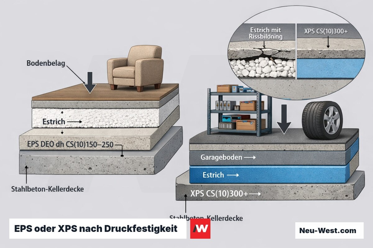 Querschnitt-Vergleich einer von oben gedämmten Kellerdecke: EPS unter Wohnlast gegen XPS unter Schwerlast mit komprimierendem Schaum und rissigem Estrich.