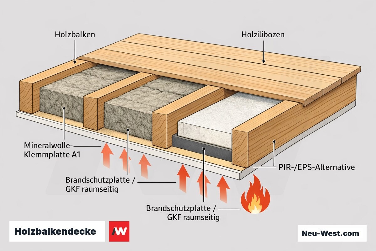 Querschnitt einer Holzbalkendecke mit Mineralwoll-Klemmplatten zwischen den Balken und raumseitiger Brandschutzplatte GKF als F30/F60-Aufbau.