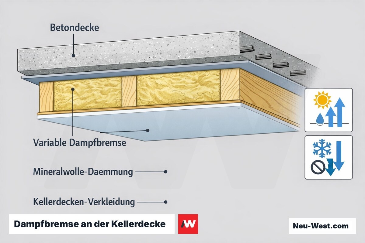 Bauteil-Querschnitt der Kellerdecke mit Betondecke, variabler Dampfbremse, Mineralwolldämmung und saisonaler Feuchtediffusion.