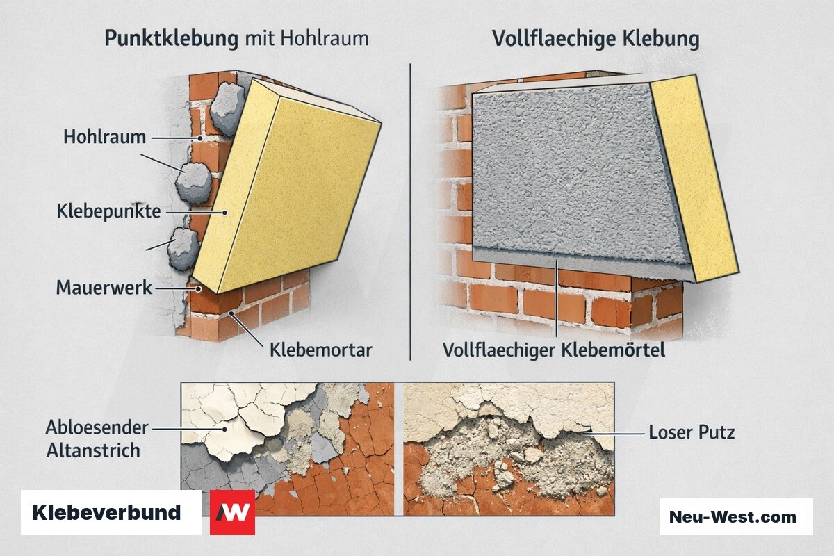 Vergleichsschnitt: Punktklebung mit Hohlraum und ablösender Platte gegenüber vollflächiger Klebung, sowie Haftungsversagen an losem Putz und Altanstrich.