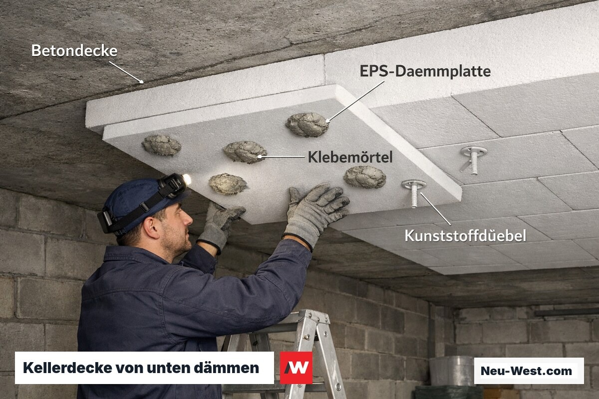 Handwerker klebt EPS-Dämmplatte von unten an Kellerdecke aus Beton, Dübel bereits gesetzt, Vergleich gedämmt und ungedämmt.