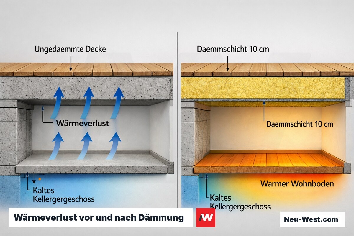 Querschnitt zeigt Wärmeverlust durch ungedämmte Kellerdecke links und wärmegedämmte Ausführung rechts mit Temperaturgradienten.