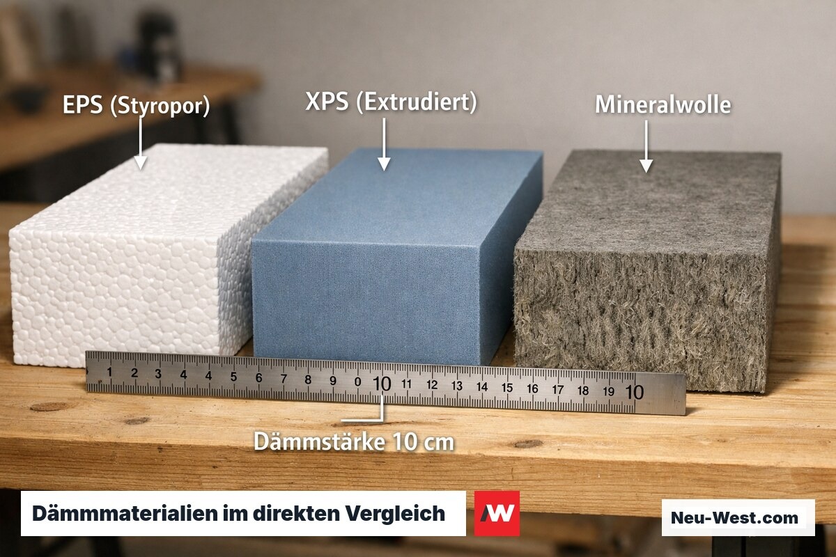 Drei Dämmplatten nebeneinander: EPS, XPS und Mineralwolle je 10 cm stark, Schnittflächen zeigen Materialstruktur im Detail.