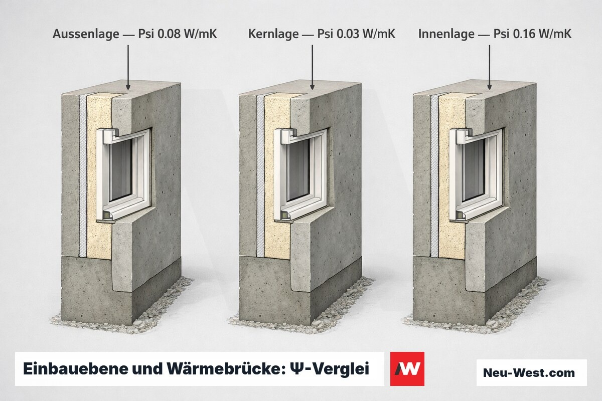 Einbauebene und Wärmebrücke: Ψ-Vergleich der drei Positionen – Erklär-Grafik (NEUWEST Berlin)