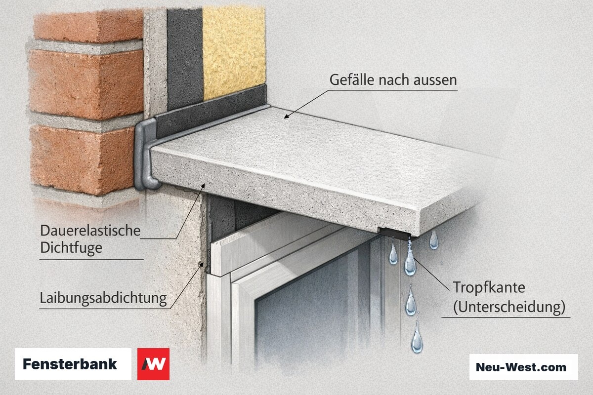 Bauteil-Querschnitt einer Kellerfensterbank mit Gefälle, Tropfkante, seitlicher Dichtfuge und Laibungsabdichtung am Fensteranschluss.