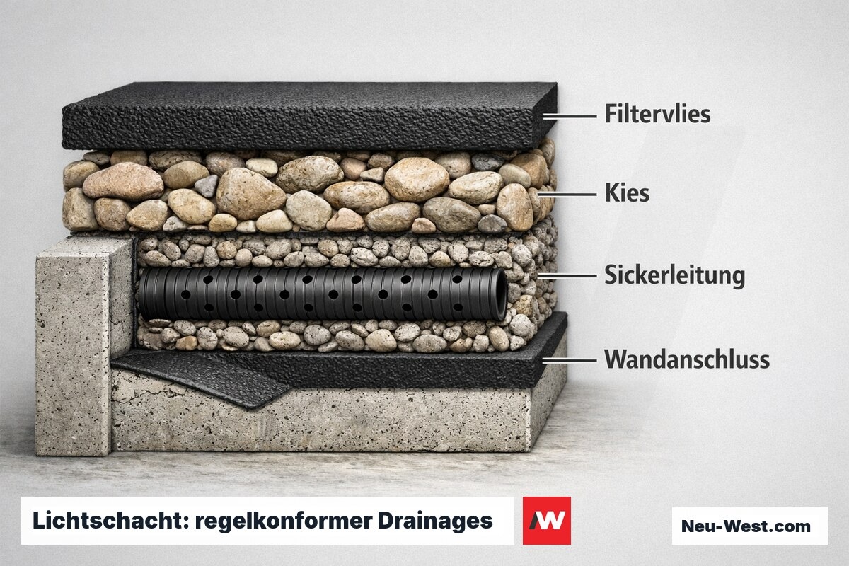 Lichtschacht: regelkonformer Drainageschichtaufbau – Erklär-Grafik (NEUWEST Berlin)