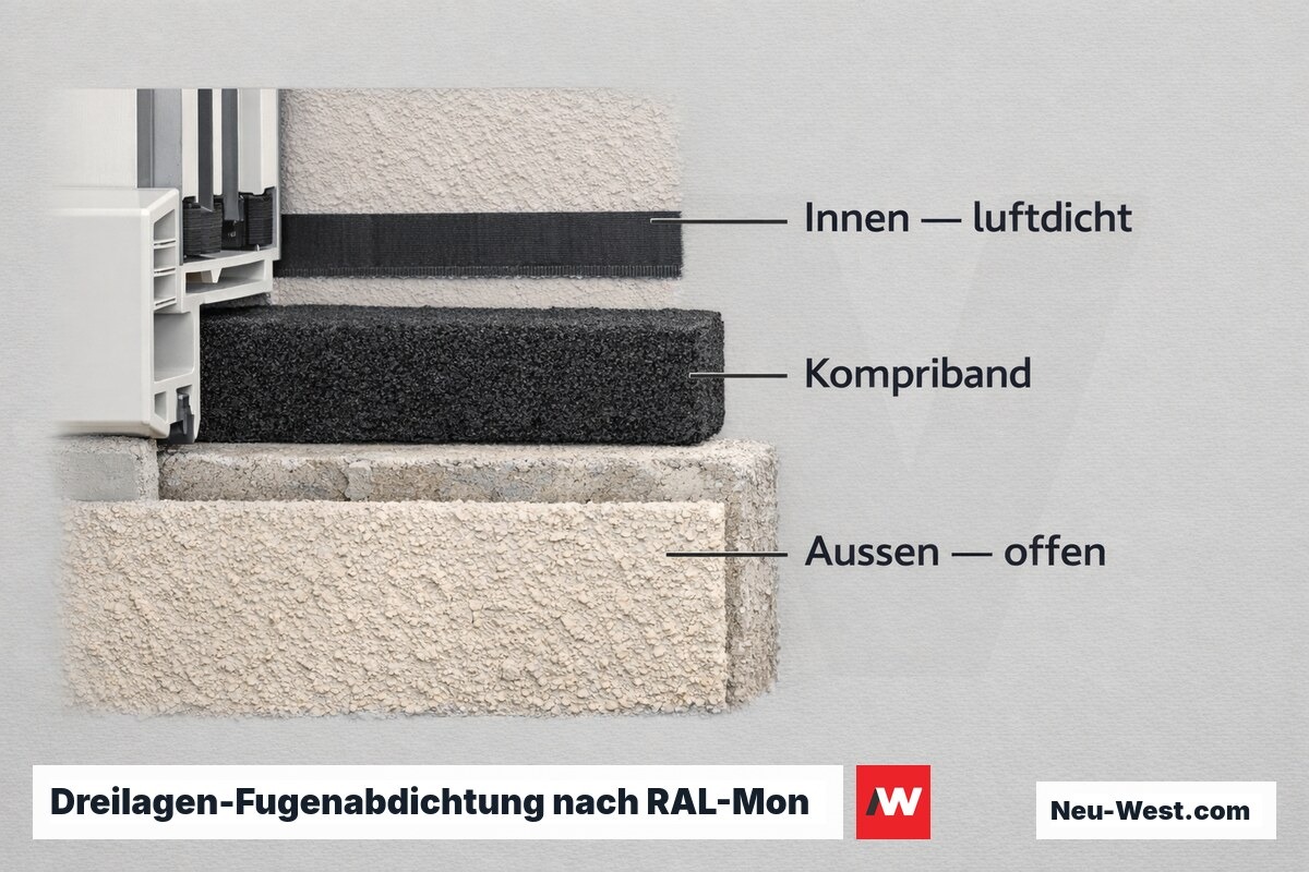 Dreilagen-Fugenabdichtung nach RAL-Montage-Leitfaden (Fenster) – Erklär-Grafik (NEUWEST Berlin)